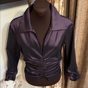 Vintage Tadashi elegant dark purple long sleeve ruched collared blouse. Size 10.